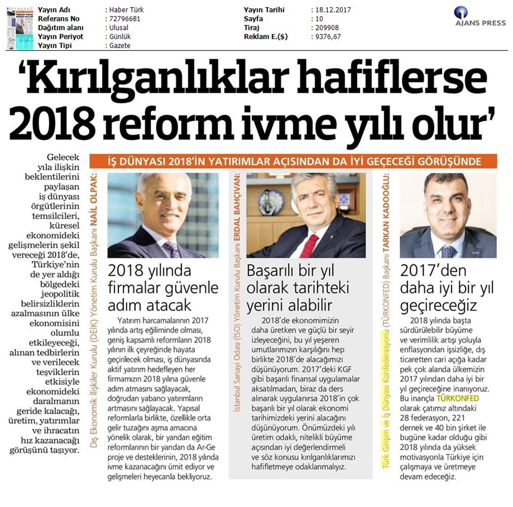 TÜRKONFED Başkani Kadooğlunun 2017 2018 Ekonomi Değerlendirmesi Medya Yansimalari 18 Aralik 2017 - 7