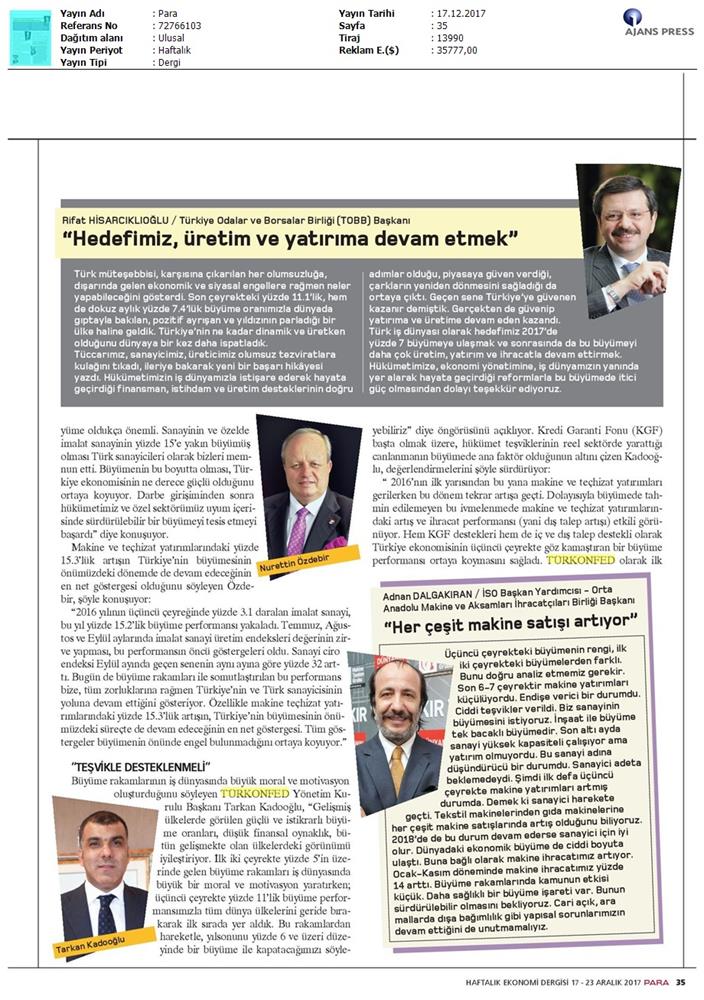 TÜRKONFED Başkani Kadooğlunun 2017 2018 Ekonomi Değerlendirmesi Medya Yansimalari 18 Aralik 2017 - 12