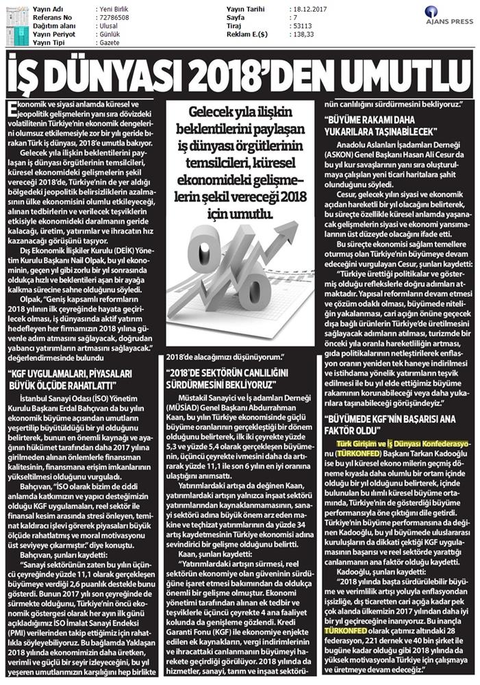 TÜRKONFED Başkani Kadooğlunun 2017 2018 Ekonomi Değerlendirmesi Medya Yansimalari 18 Aralik 2017 - 17