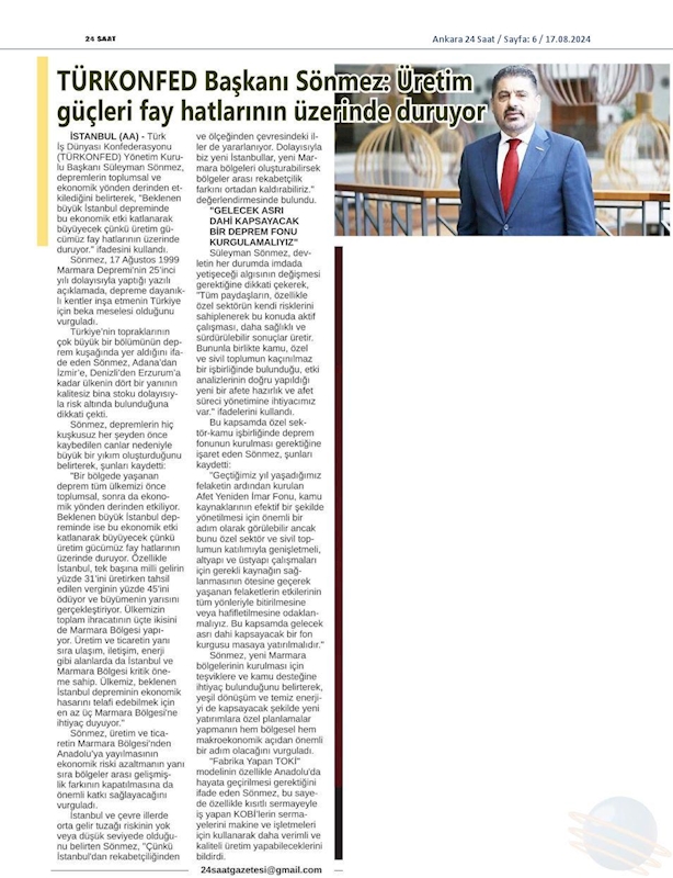 TÜRKONFED Başkani Suleyman Sönmezden 17 Agustos Deprem Felaketinin 25inci Yil Donumunde Aciklama - 4
