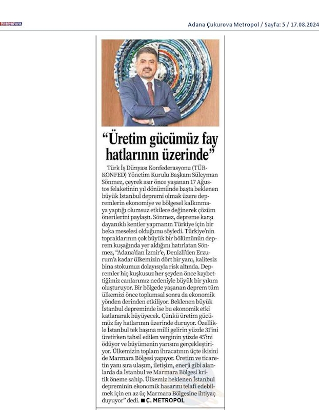 TÜRKONFED Başkani Suleyman Sönmezden 17 Agustos Deprem Felaketinin 25inci Yil Donumunde Aciklama - 19