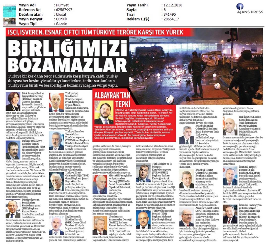 TÜRKONFED Besiktas Teror Saldirisi Basin Aciklamasi Yansimalari 12122016 - 2