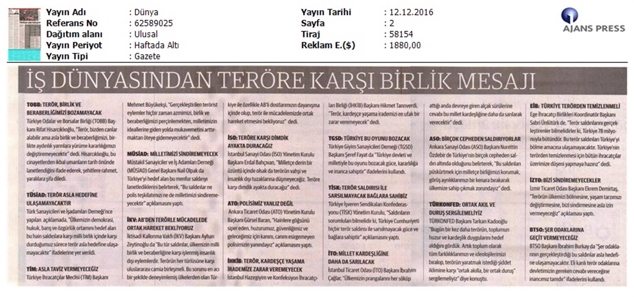 TÜRKONFED Besiktas Teror Saldirisi Basin Aciklamasi Yansimalari 12122016 - 3