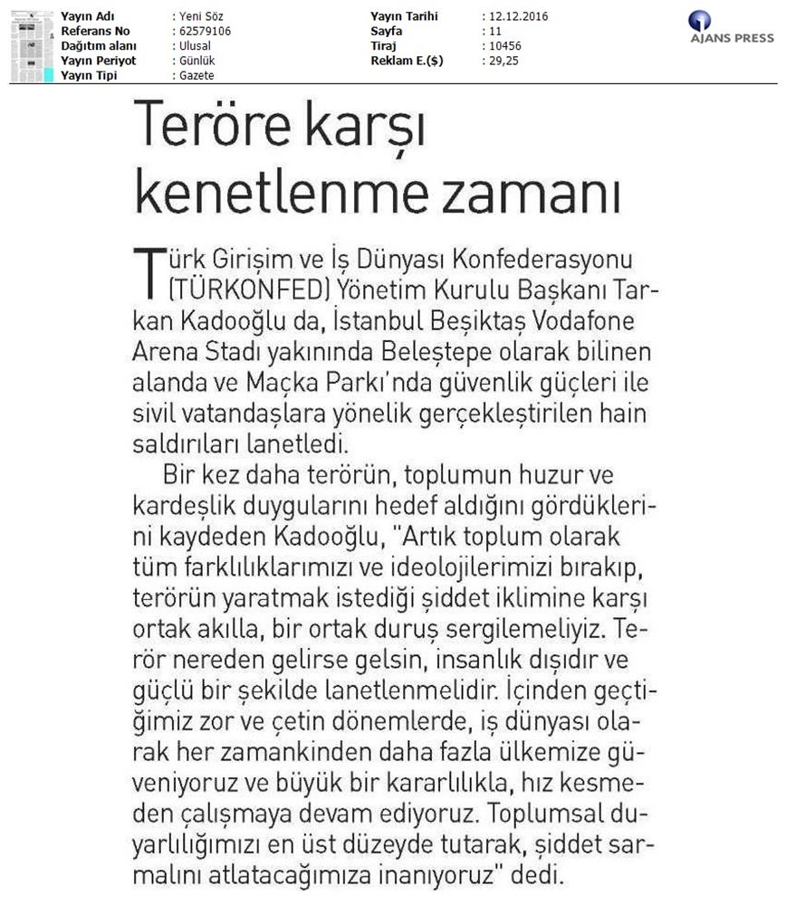 TÜRKONFED Besiktas Teror Saldirisi Basin Aciklamasi Yansimalari 12122016 - 13