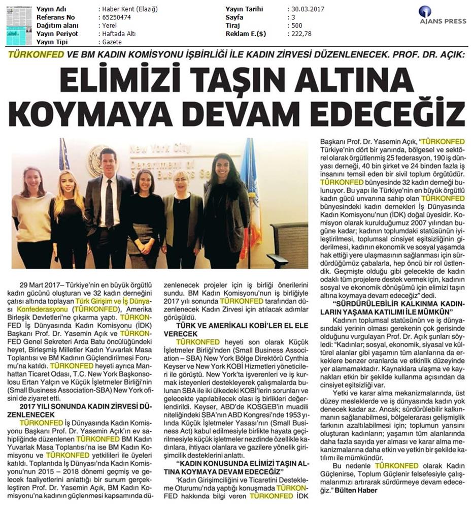TÜRKONFED BM Kadin Komisyonundan Onemli İşbirliği Medya Yansimalari 30 Mart 2017 - 2