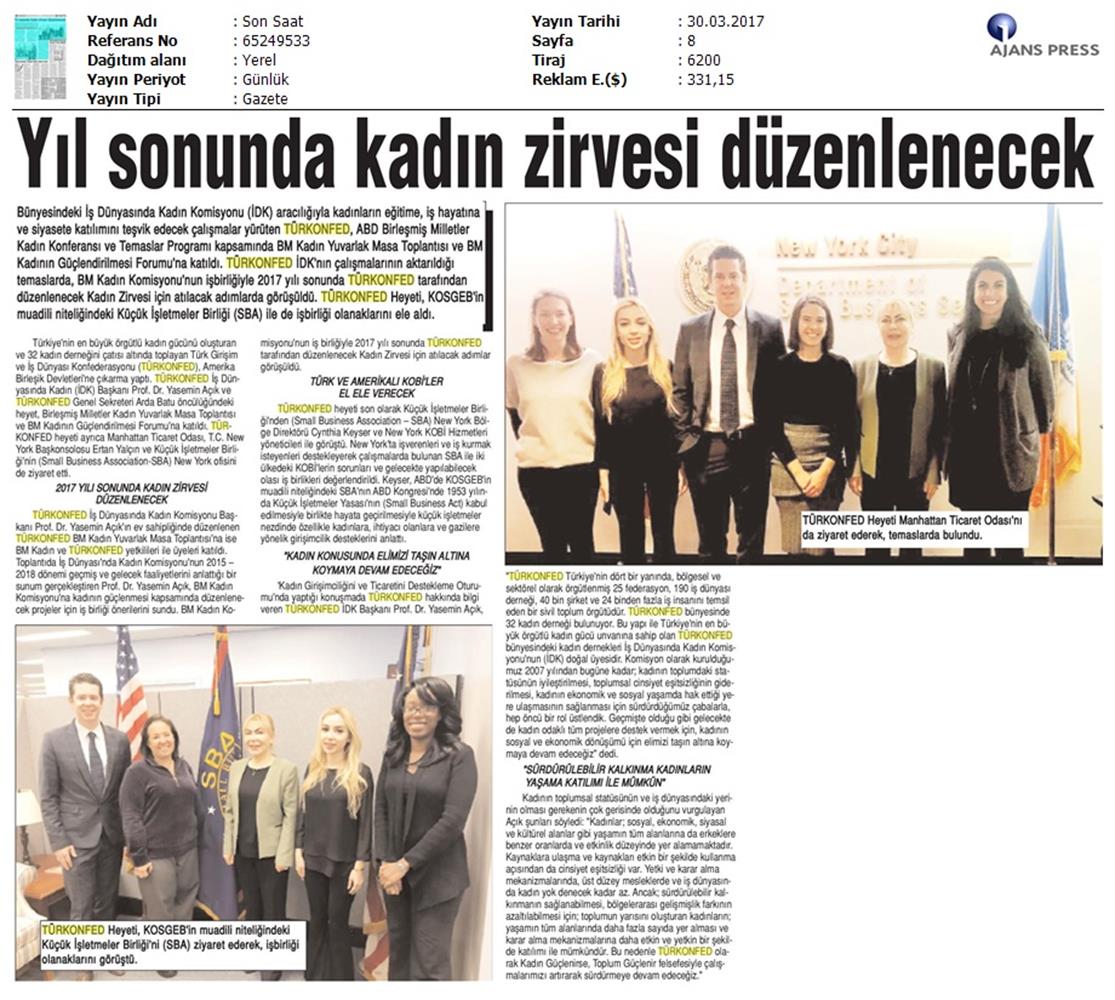 TÜRKONFED BM Kadin Komisyonundan Onemli İşbirliği Medya Yansimalari 30 Mart 2017 - 3
