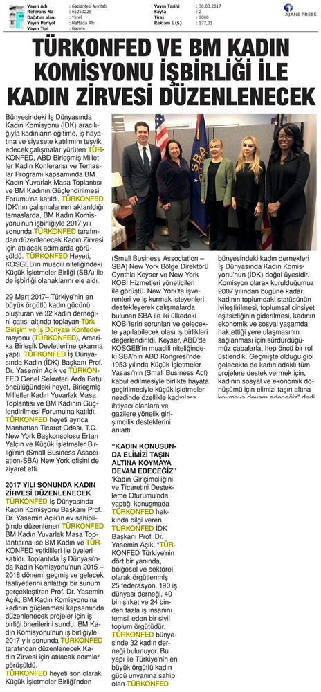 TÜRKONFED BM Kadin Komisyonundan Onemli İşbirliği Medya Yansimalari 30 Mart 2017 - 11