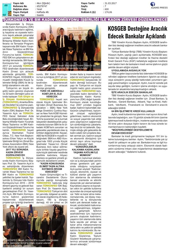 TÜRKONFED BM Kadin Komisyonundan Onemli İşbirliği Medya Yansimalari 30 Mart 2017 - 18
