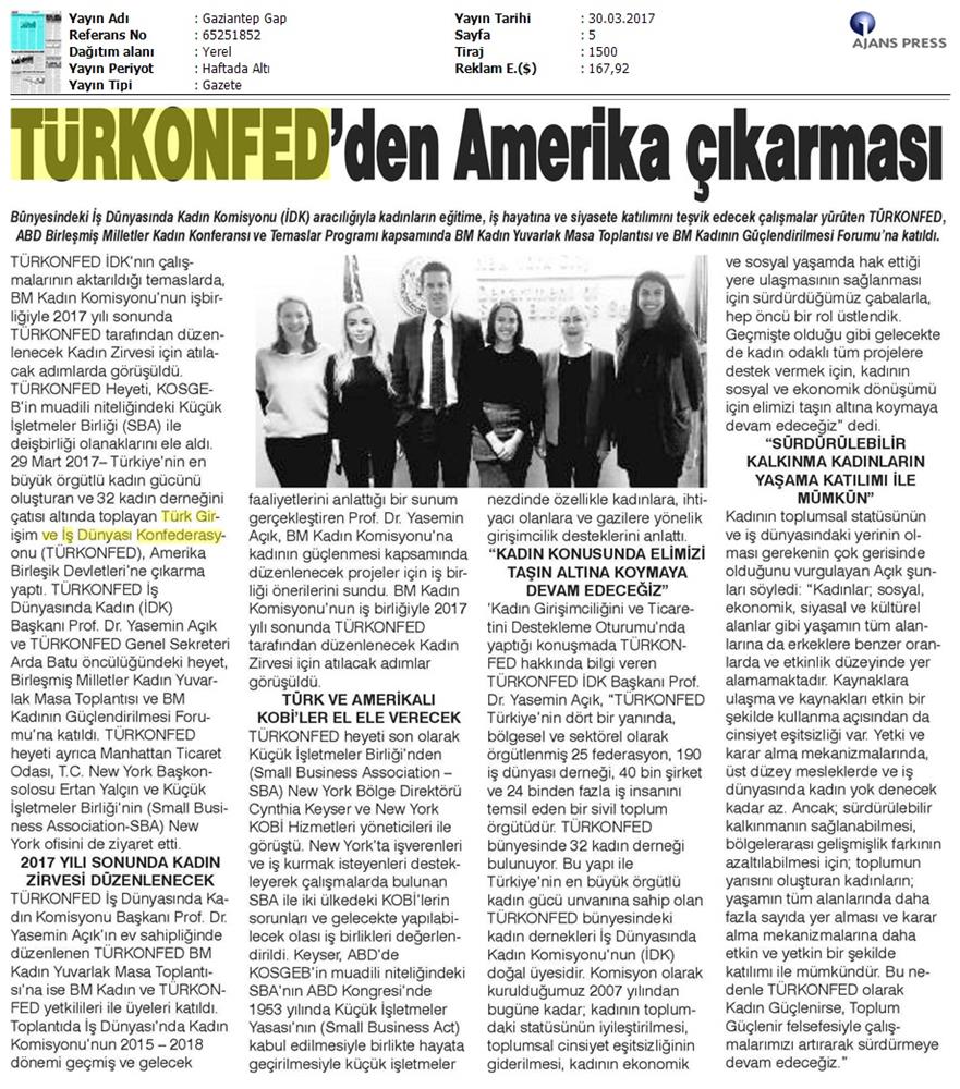 TÜRKONFED BM Kadin Komisyonundan Onemli İşbirliği Medya Yansimalari 30 Mart 2017 - 22