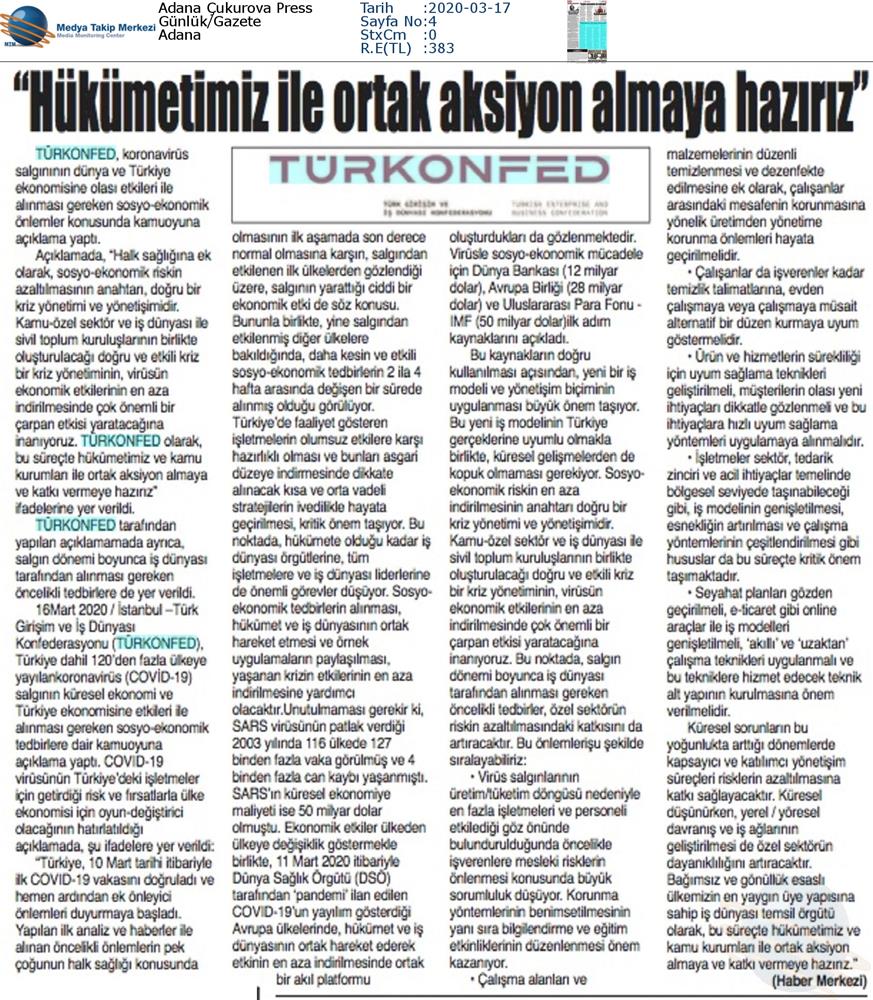 TÜRKONFED Coronavirus Basin Aciklamasi Medya Yansimalari 16 Mart 2020 - 5