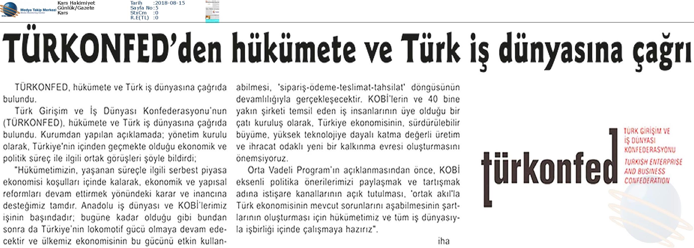 TÜRKONFED Den Hukumete Ve Turk Is Dunyasina Cagri Medya Yansimalari 14 Agustos 2018 - 1