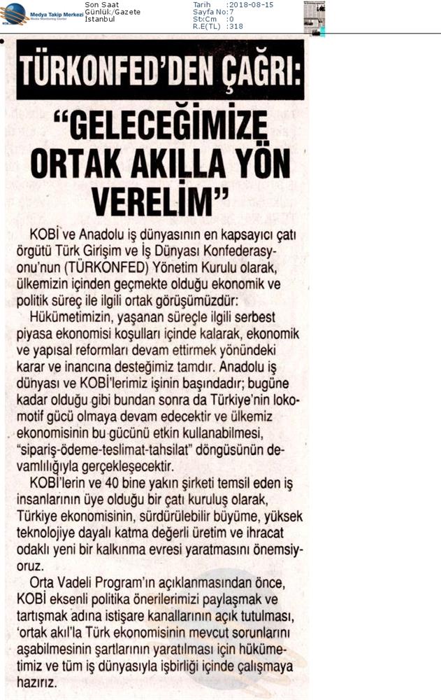 TÜRKONFED Den Hukumete Ve Turk Is Dunyasina Cagri Medya Yansimalari 14 Agustos 2018 - 7
