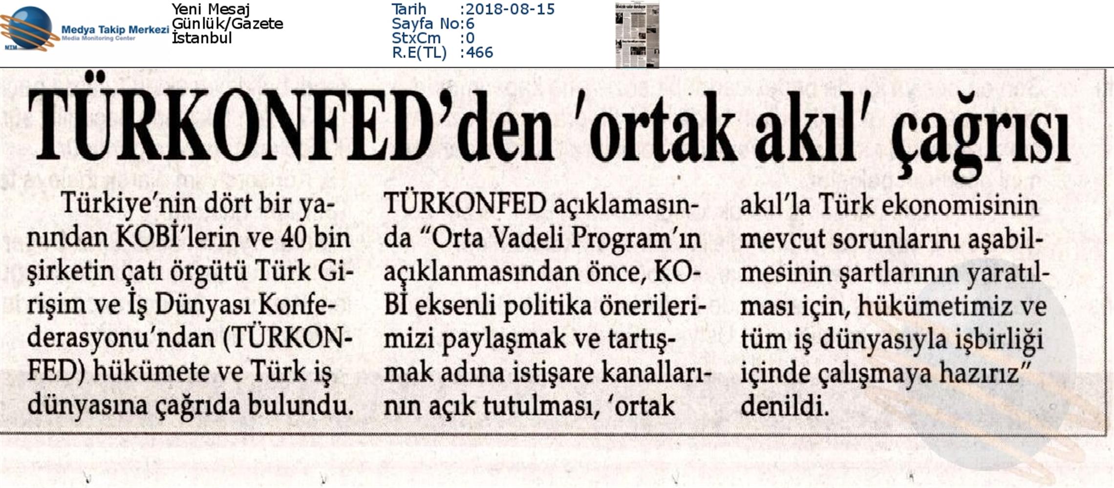 TÜRKONFED Den Hukumete Ve Turk Is Dunyasina Cagri Medya Yansimalari 14 Agustos 2018 - 14