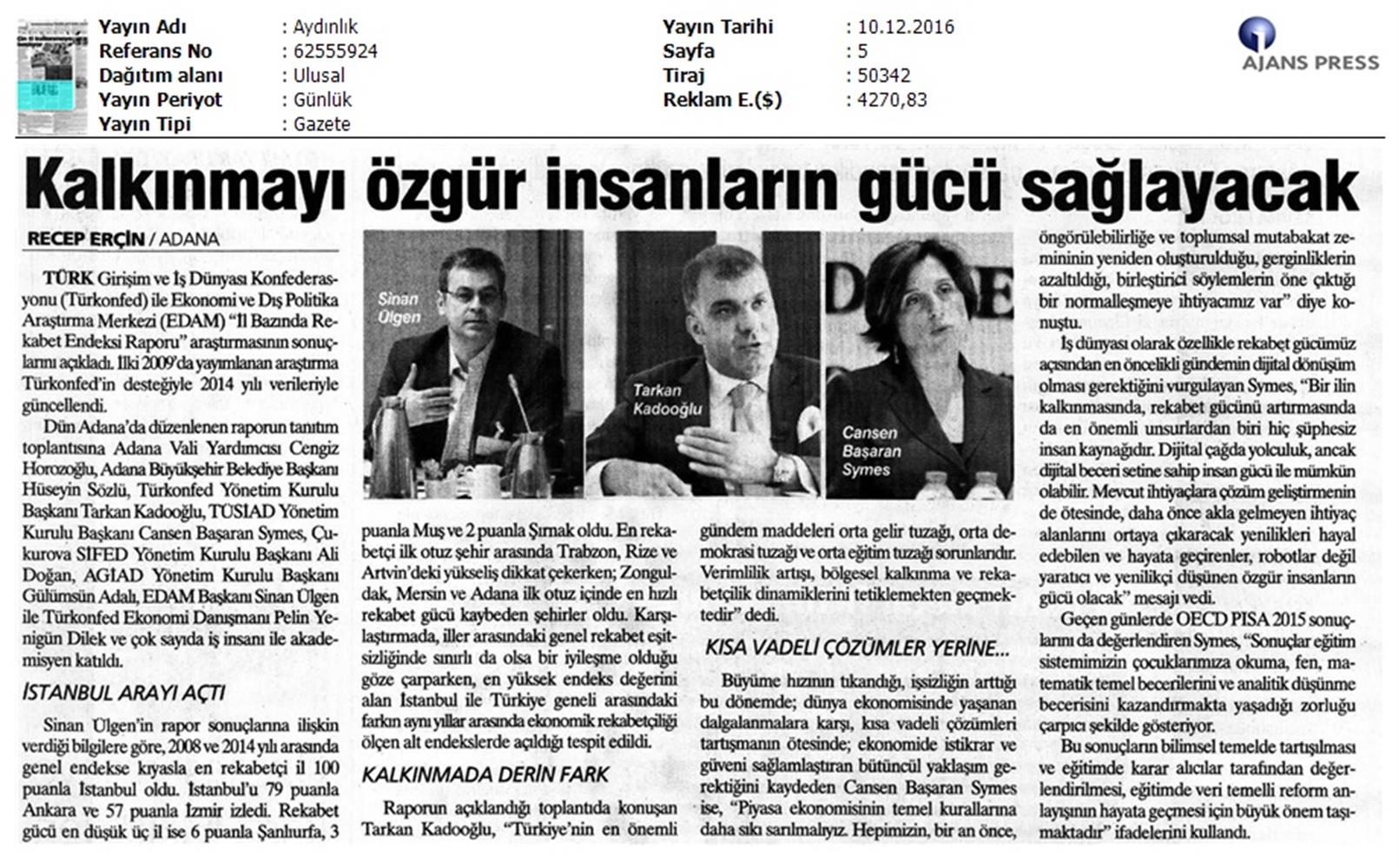 TÜRKONFED Edam Türkiye Icin Bir Rekabet Endeksi Rapor Tanitim Toplantısı Medya Yansimalari 9 Aralik 2016 - 9