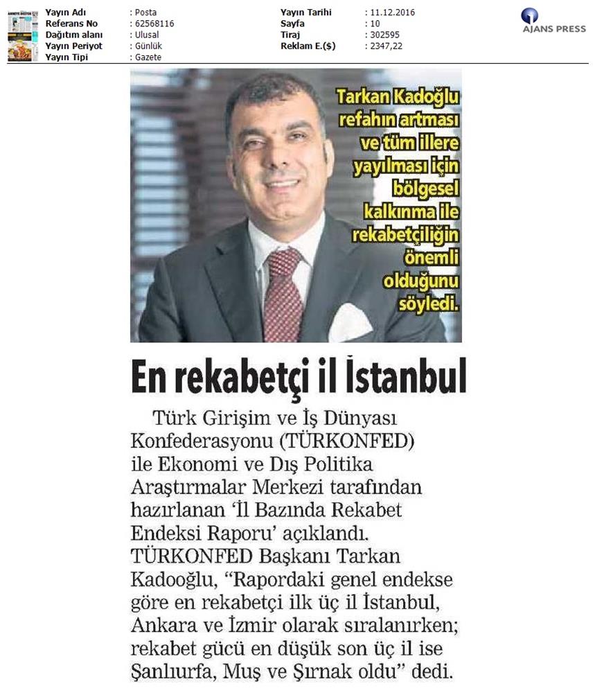 TÜRKONFED Edam Türkiye Icin Bir Rekabet Endeksi Rapor Tanitim Toplantısı Medya Yansimalari 9 Aralik 2016 - 10