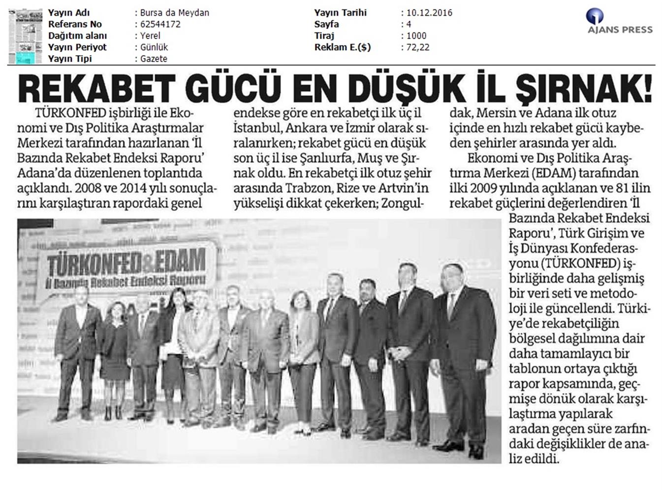 TÜRKONFED Edam Türkiye Icin Bir Rekabet Endeksi Rapor Tanitim Toplantısı Medya Yansimalari 9 Aralik 2016 - 12