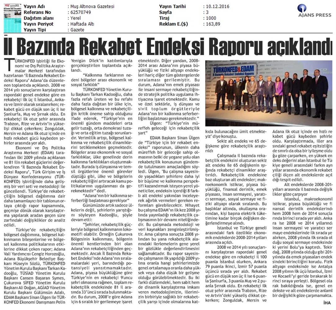 TÜRKONFED Edam Türkiye Icin Bir Rekabet Endeksi Rapor Tanitim Toplantısı Medya Yansimalari 9 Aralik 2016 - 16