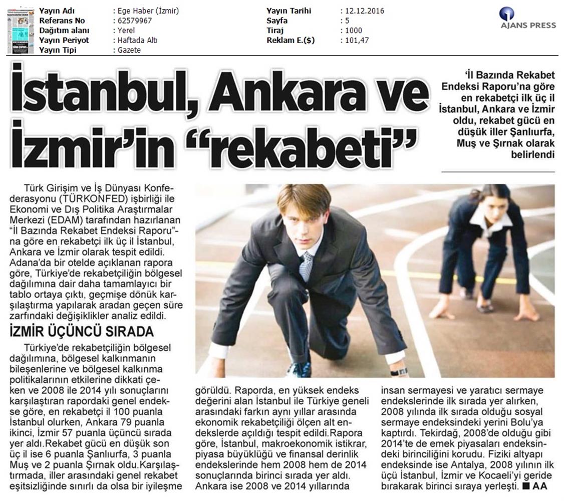 TÜRKONFED Edam Türkiye Icin Bir Rekabet Endeksi Rapor Tanitim Toplantısı Medya Yansimalari 9 Aralik 2016 - 19