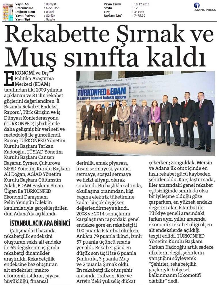 TÜRKONFED Edam Türkiye Icin Bir Rekabet Endeksi Rapor Tanitim Toplantısı Medya Yansimalari 9 Aralik 2016 - 21