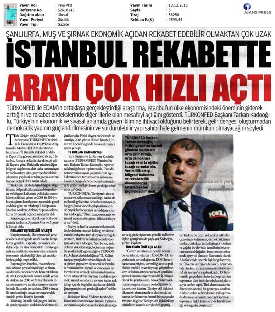 TÜRKONFED Edam Türkiye Icin Bir Rekabet Endeksi Rapor Tanitim Toplantısı Medya Yansimalari 9 Aralik 2016 - 22