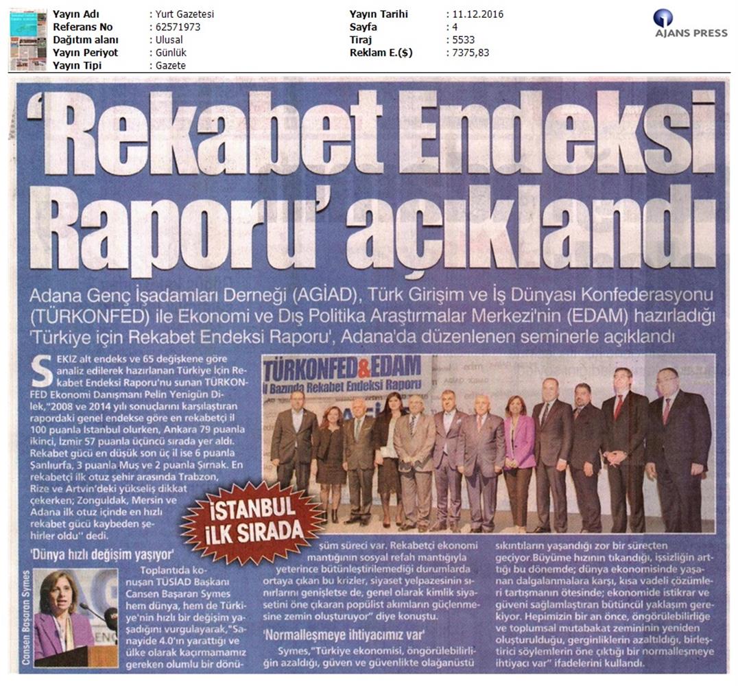 TÜRKONFED Edam Türkiye Icin Bir Rekabet Endeksi Rapor Tanitim Toplantısı Medya Yansimalari 9 Aralik 2016 - 24