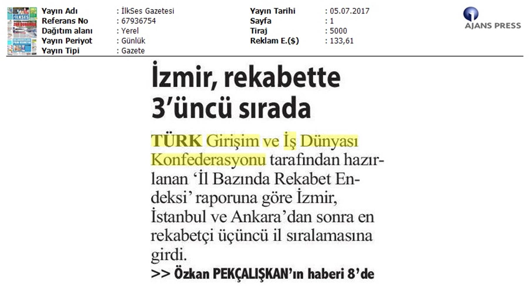 TÜRKONFED Egiad Izmir Rekabet Endeksi Toplantısı Son Medya Yansimalari 5 Temmuz 2017 - 1