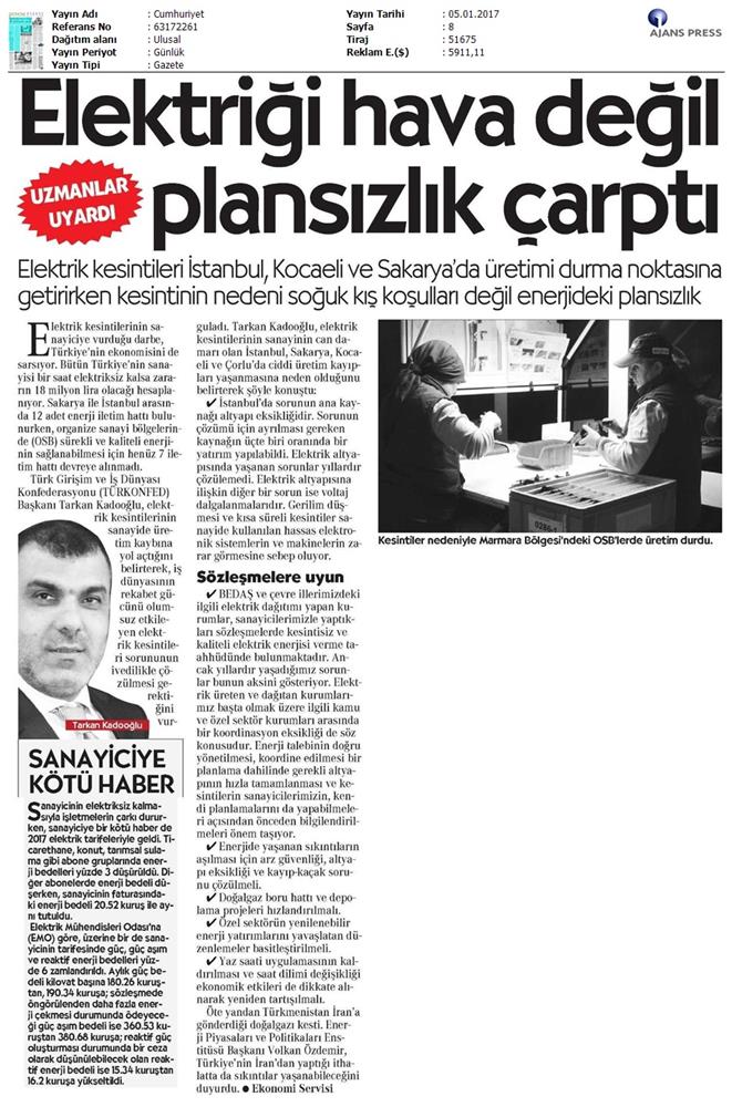 TÜRKONFED Elektrik Kesintileri Basin Aciklamasi Medya Yansimalari 5 Ocak 2017 - 9