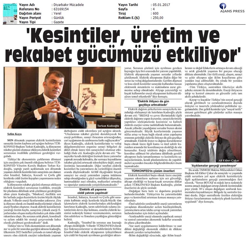 TÜRKONFED Elektrik Kesintileri Basin Aciklamasi Medya Yansimalari 5 Ocak 2017 - 14