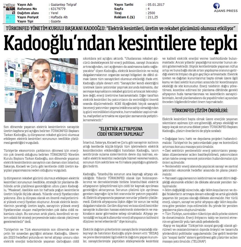 TÜRKONFED Elektrik Kesintileri Basin Aciklamasi Medya Yansimalari 5 Ocak 2017 - 15