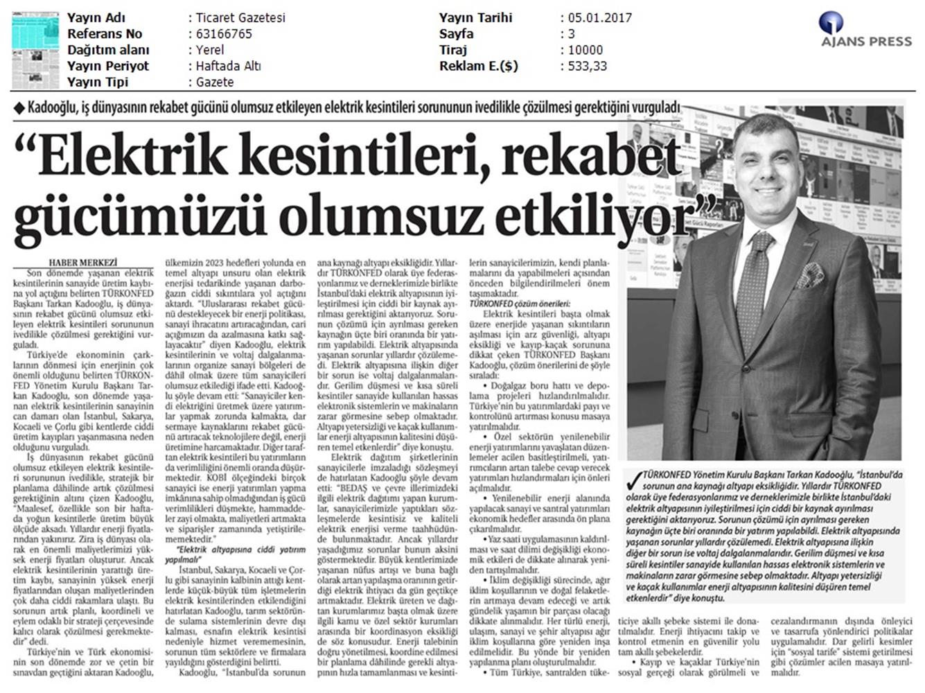 TÜRKONFED Elektrik Kesintileri Basin Aciklamasi Medya Yansimalari 5 Ocak 2017 - 16