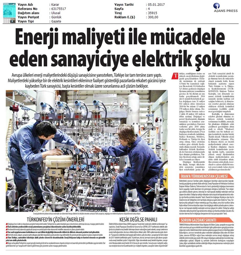 TÜRKONFED Elektrik Kesintileri Basin Aciklamasi Medya Yansimalari 5 Ocak 2017 - 19