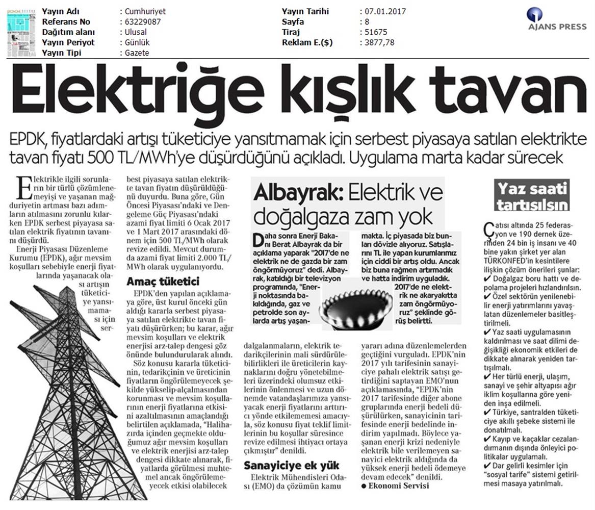 TÜRKONFED Elektrik Kesintileri Basin Aciklamasi Medya Yansimalari 5 Ocak 2017 - 28