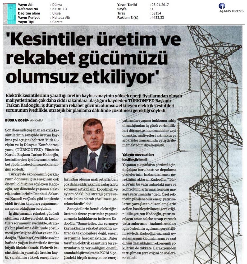 TÜRKONFED Elektrik Kesintileri Basin Aciklamasi Medya Yansimalari 5 Ocak 2017 - 29