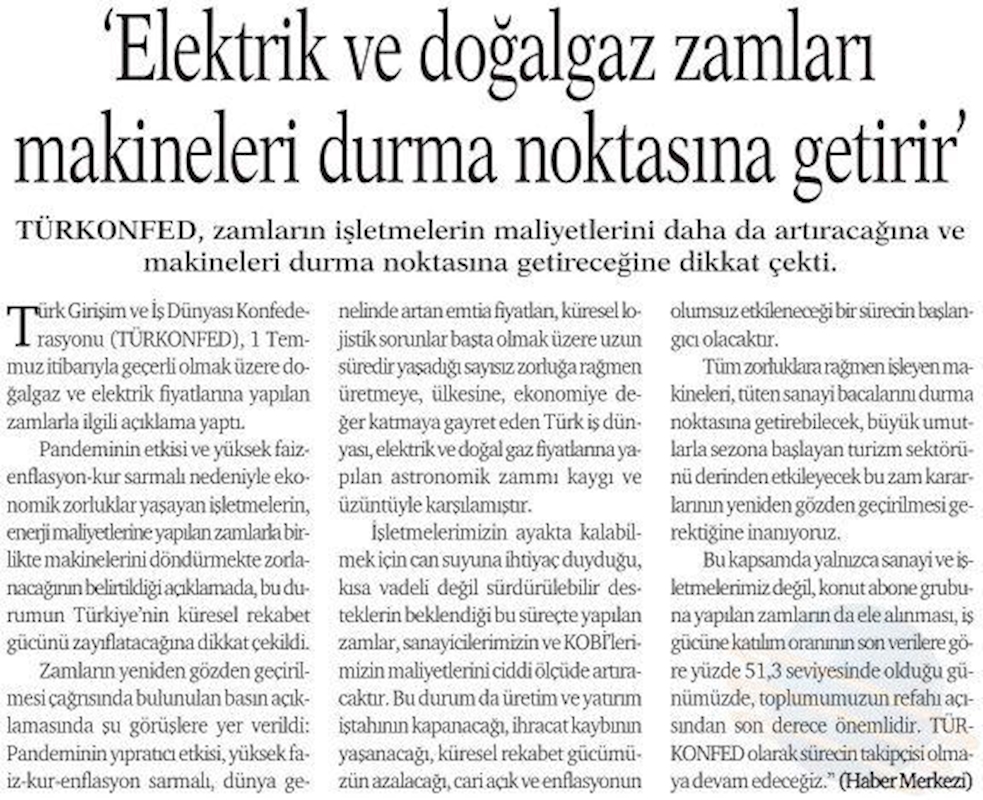 TÜRKONFED Elektrik Ve Dogal Gaz Zamlarina Iliskin Basin Aciklamasi Basin Yansimalari 1 Temmuz 2021 - 4