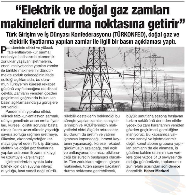 TÜRKONFED Elektrik Ve Dogal Gaz Zamlarina Iliskin Basin Aciklamasi Basin Yansimalari 1 Temmuz 2021 - 8