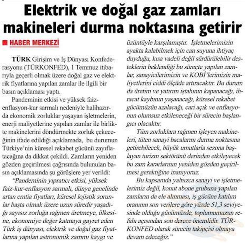 TÜRKONFED Elektrik Ve Dogal Gaz Zamlarina Iliskin Basin Aciklamasi Basin Yansimalari 1 Temmuz 2021 - 11
