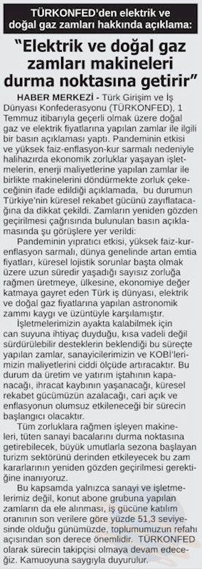 TÜRKONFED Elektrik Ve Dogal Gaz Zamlarina Iliskin Basin Aciklamasi Basin Yansimalari 1 Temmuz 2021 - 13