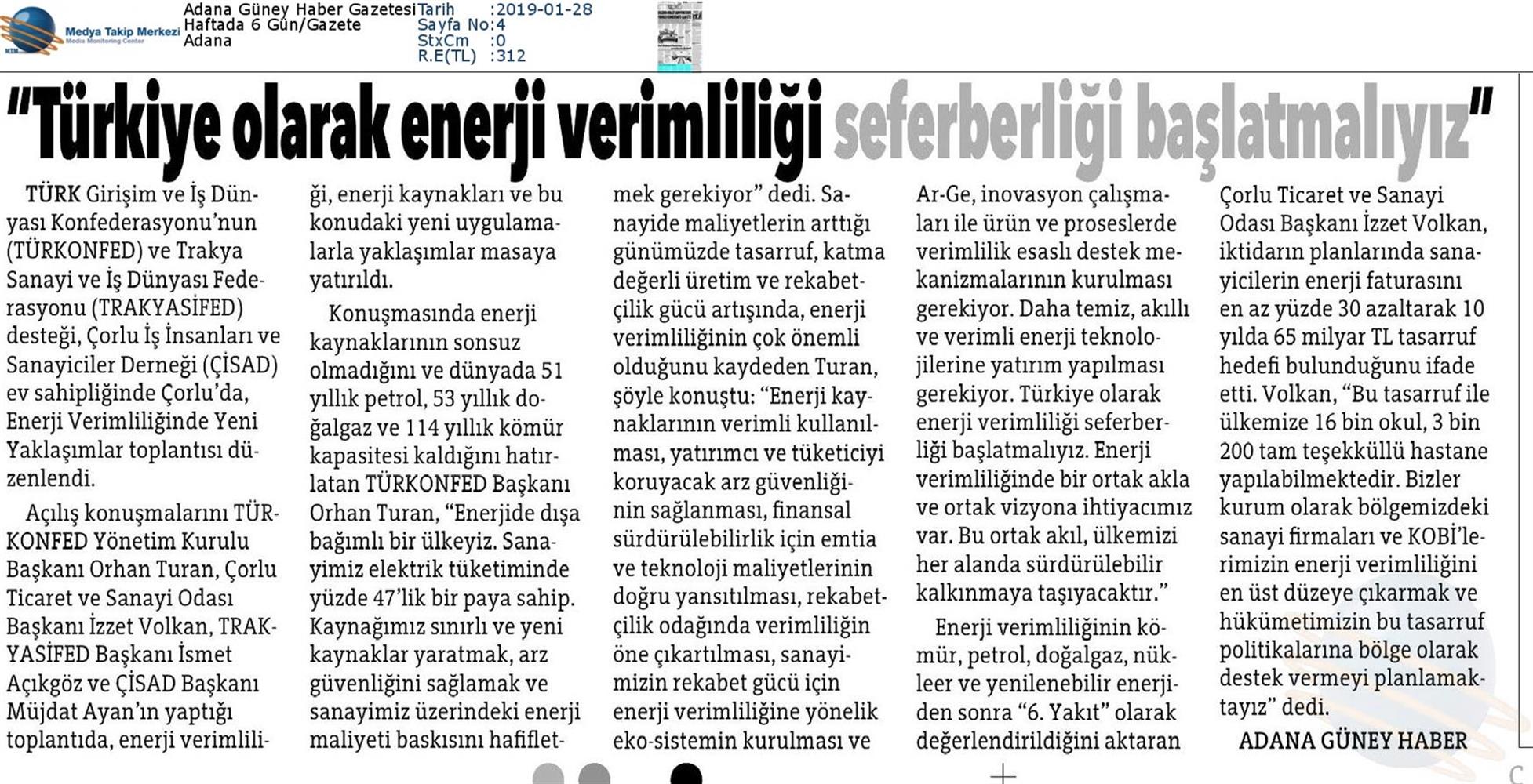 TÜRKONFED Enerji Verimliligine Yeni Yaklasimlar Toplantısı Medya Yansimalari 25 Ocak 2019 Corlu - 3