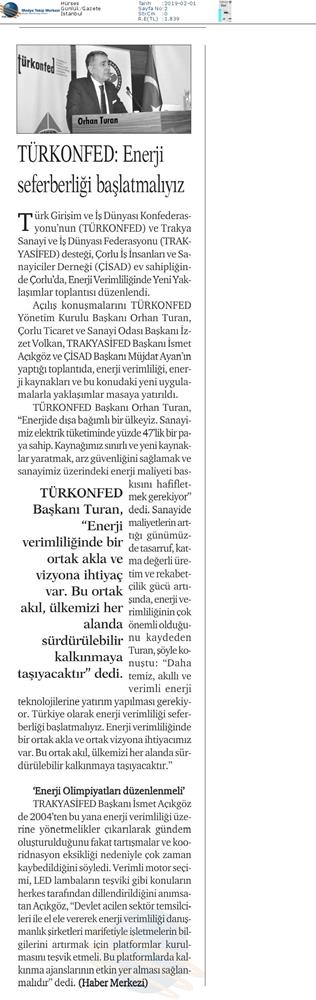 TÜRKONFED Enerji Verimliligine Yeni Yaklasimlar Toplantısı Medya Yansimalari 25 Ocak 2019 Corlu - 13