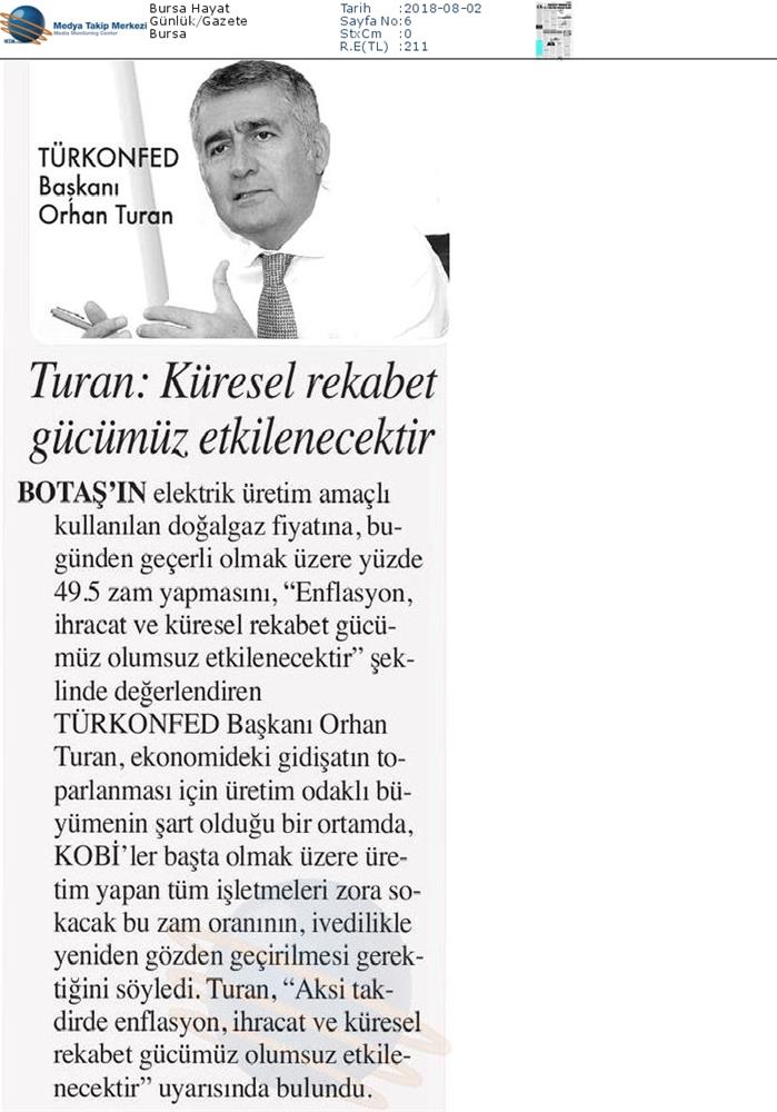 TÜRKONFED Enerji Zammi Basin Aciklamasi Medya Yansimalari2 Agustos 2018 - 2
