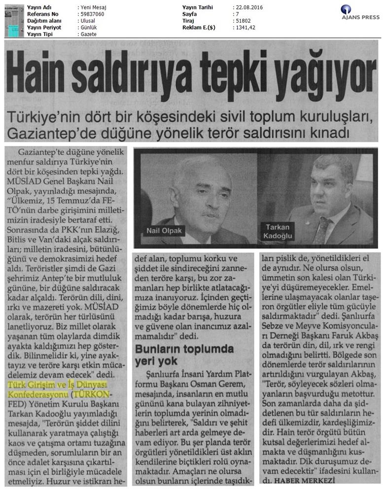 TÜRKONFED Gaziantep Teror Saldirisi Kinama Mesaji 22 Agustos 2016 - 1