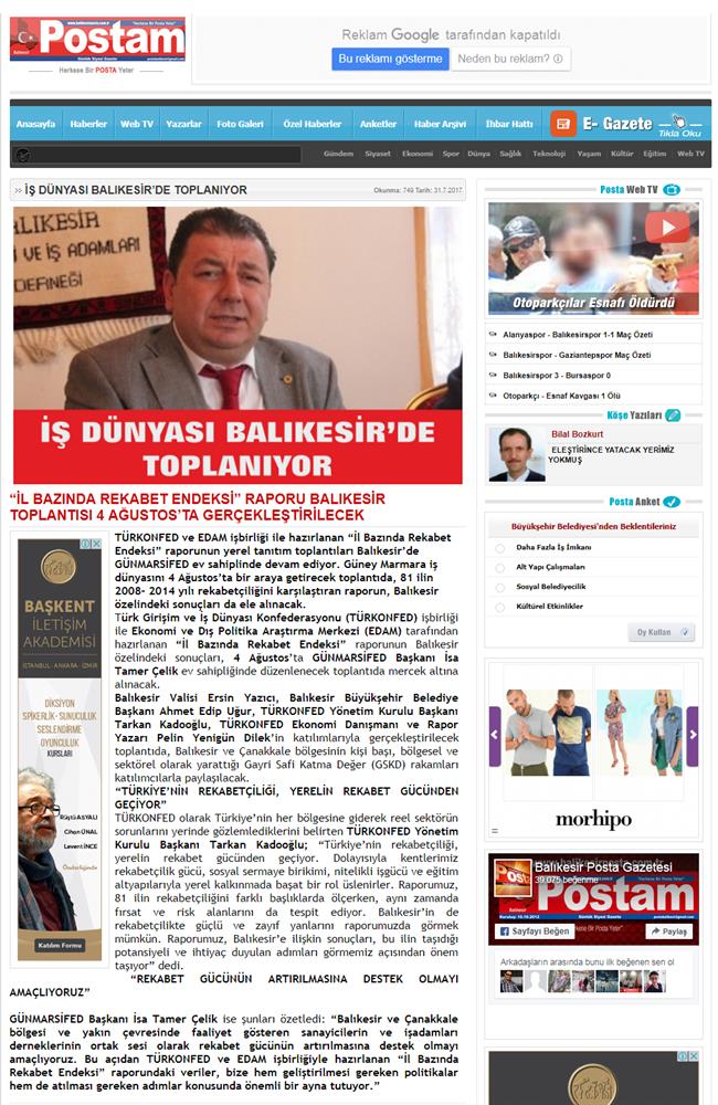 TÜRKONFED Gunmarsifed Türkiye Icin Bir Rekabet Endeksi Rapor Tanitim Toplantısı Medya Yansimalari 5 Agustos 2017 - 18
