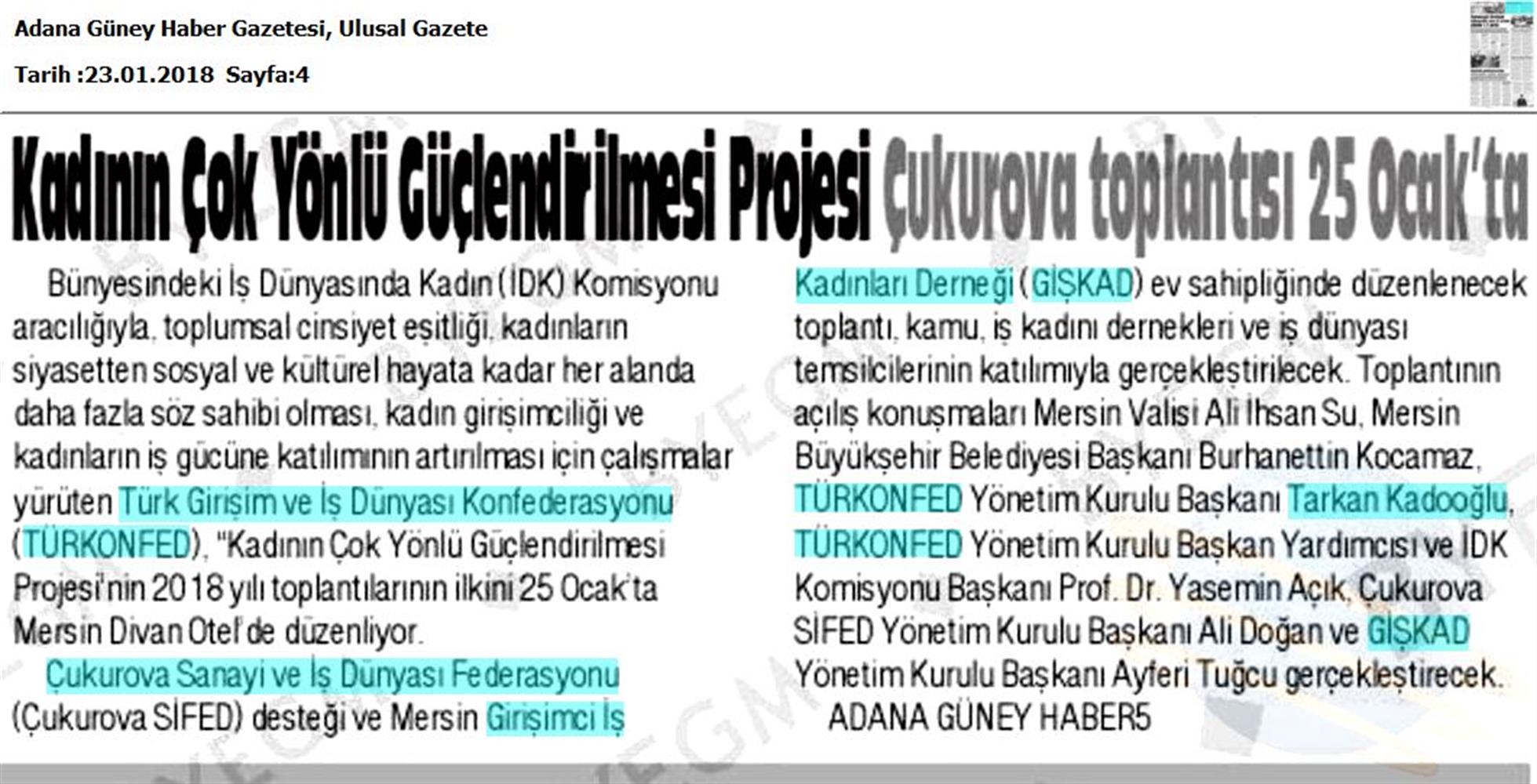TÜRKONFED İDK Giskad Kadinin Cok Yonlu Guclendirilmesi Projesi Mersin Toplantısı Medya Yansimalari 26 Ocak 2018 Mersin - 25