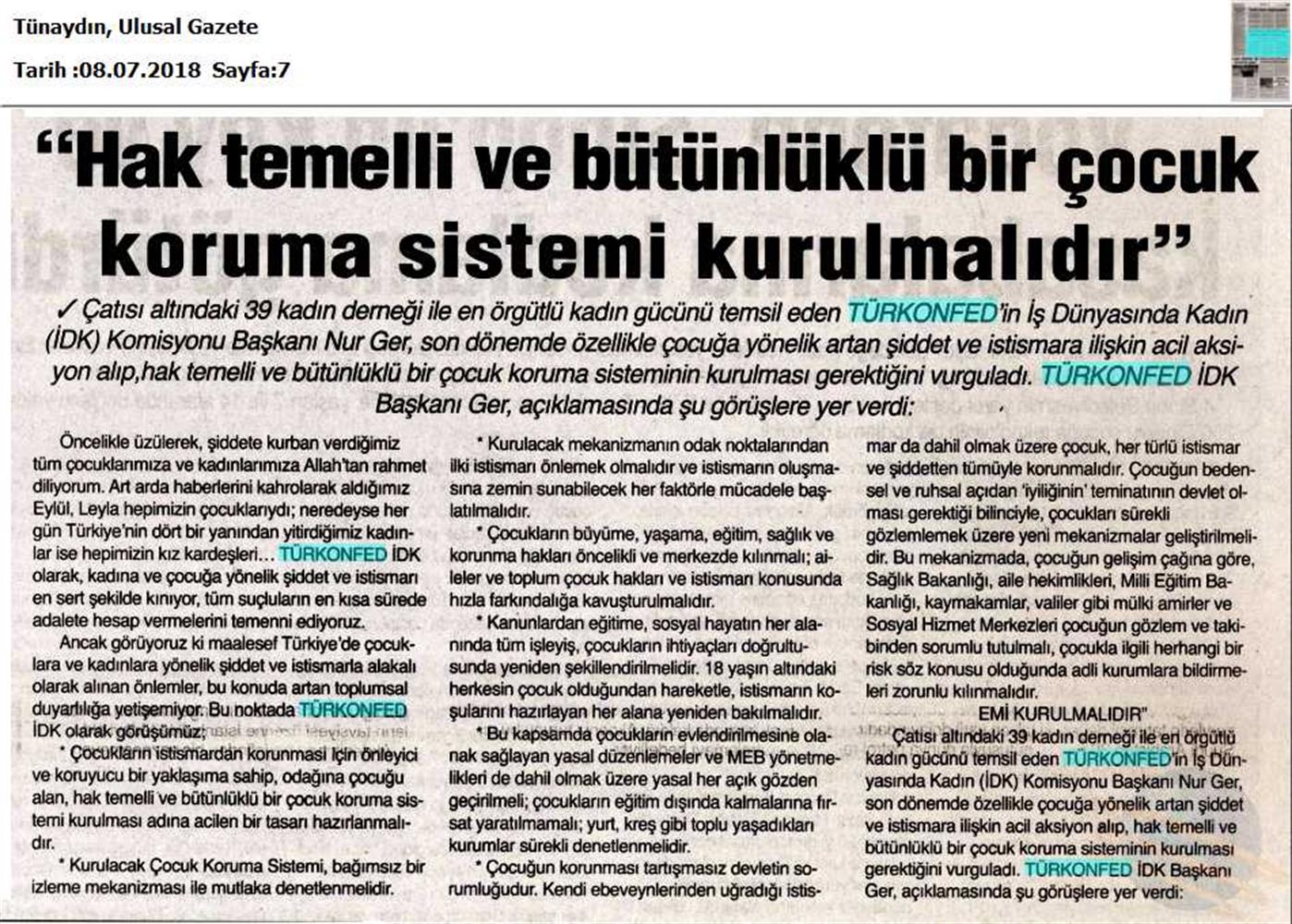 TÜRKONFED İDK Başkani Nur Ger Den Cocuk Istismari Ve Siddetine Yonelik Aciklama 07 Temmuz 2018 - 2