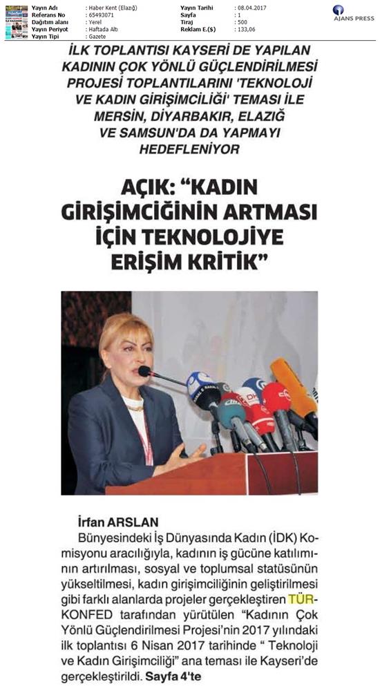 TÜRKONFED İDK Kadinin Cok Yonlu Guclendirilmesi Projesi Kayseri Toplantısı Medya Yansimalari 2 8 9 Nisan 2017 - 9
