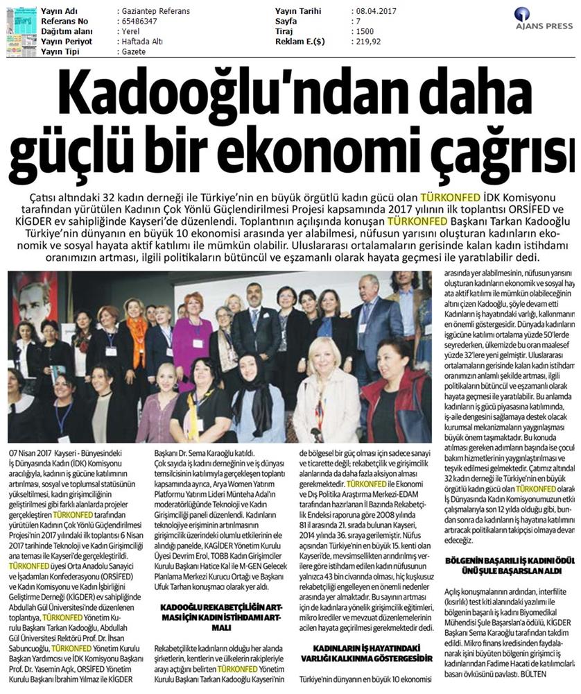 TÜRKONFED İDK Kadinin Cok Yonlu Guclendirilmesi Projesi Kayseri Toplantısı Medya Yansimalari 2 8 9 Nisan 2017 - 13