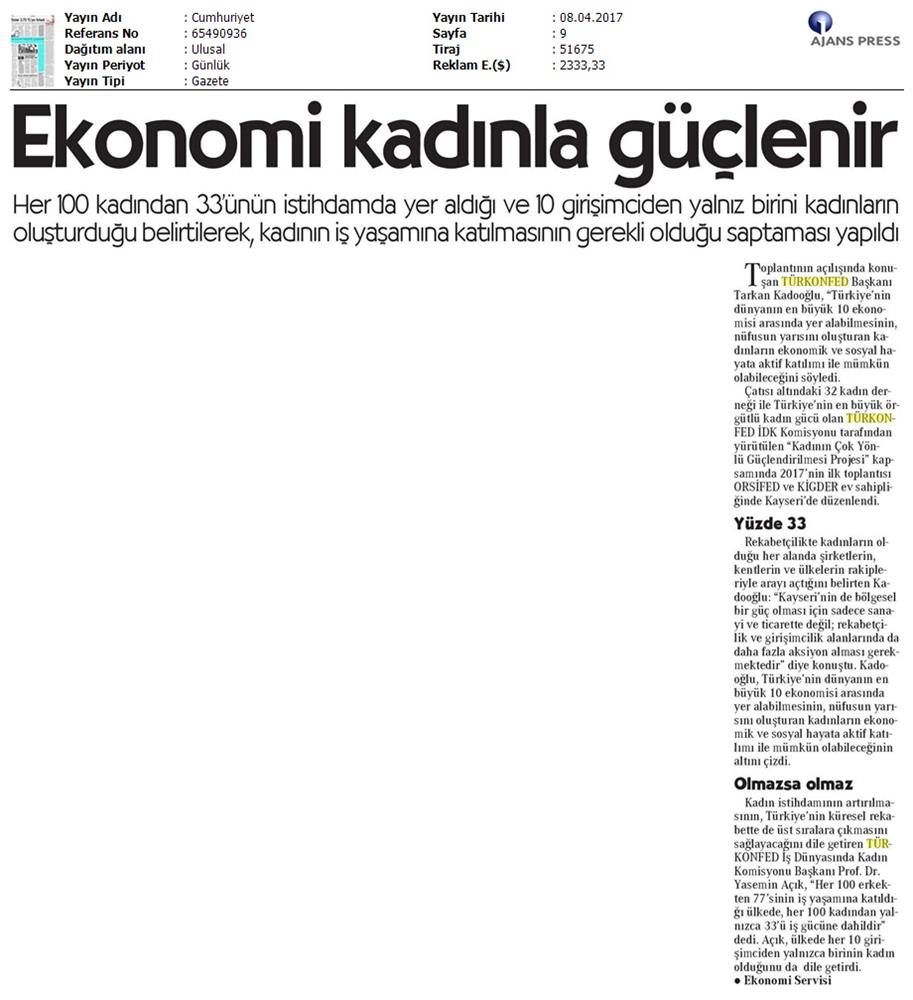 TÜRKONFED İDK Kadinin Cok Yonlu Guclendirilmesi Projesi Kayseri Toplantısı Medya Yansimalari 2 8 9 Nisan 2017 - 17