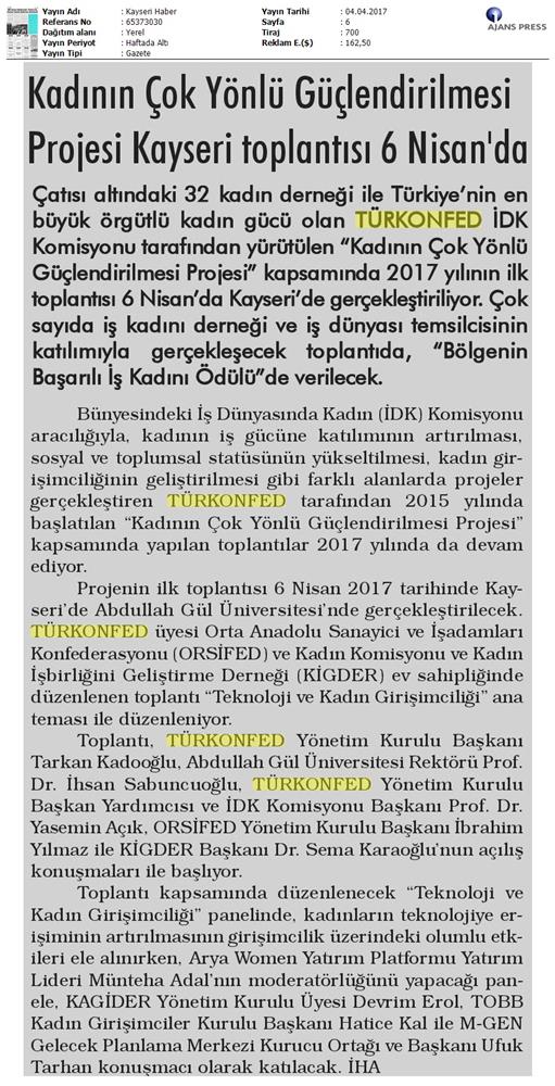 TÜRKONFED İDK Kadinin Cok Yonlu Guclendirilmesi Projesi Kayseri Toplantısı Medya Yansimalari 2 8 9 Nisan 2017 - 26