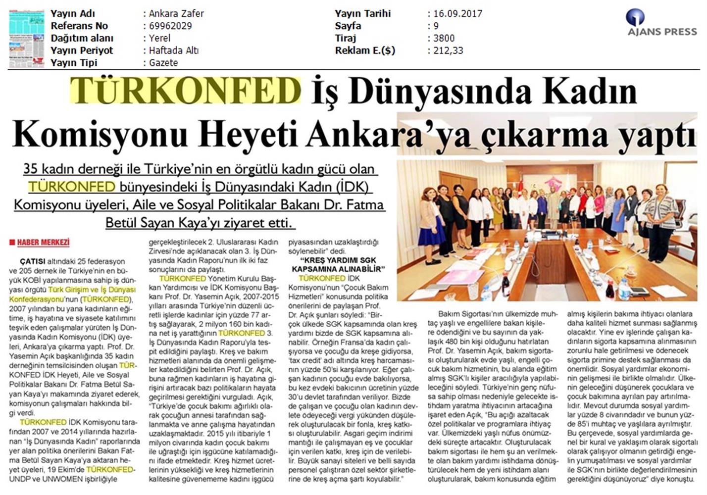 TÜRKONFED İDK Komisyonu Aile Bakani Ziyareti Medya Yansimalari 15 17 Eylul 2017 - 4