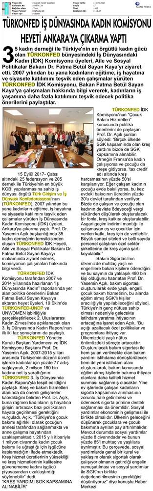 TÜRKONFED İDK Komisyonu Aile Bakani Ziyareti Medya Yansimalari 15 17 Eylul 2017 - 6